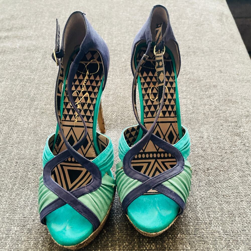 Jessica Simpson Womens 8.5 Teal Navy Peep Toe Platform Stiletto Heels